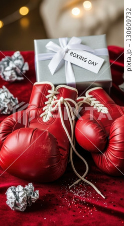 Festive boxing day theme with red gloves and gift on red velvet 130609732
