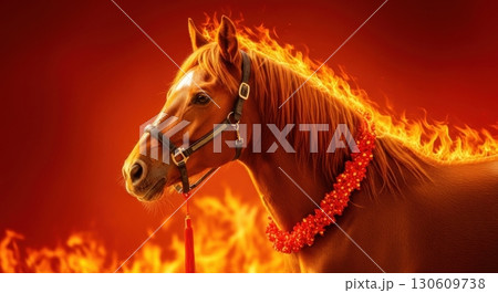 Majestic horse with fiery mane and floral garland on red background 130609738