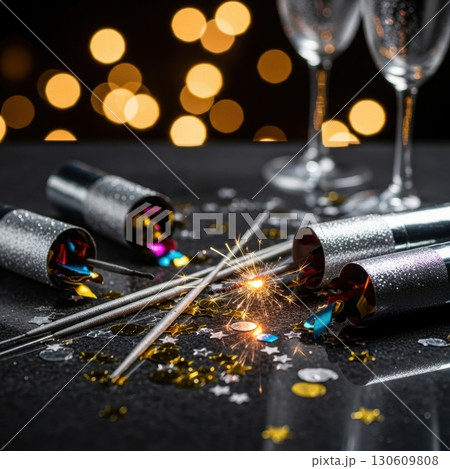 Festive celebration with sparklers and party poppers on a glittering table Festive celebration with sparklers and party poppers on a glittering table 130609808