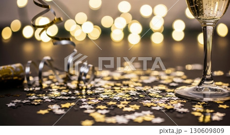 Elegant celebration with champagne and festive decorations against bokeh lights 130609809