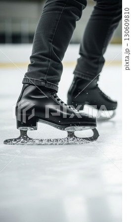 Close-up of black ice skates and feet on rink with snowflakes indicating movement Close-up of black ice skates and feet on rink with snowflakes indicating movement 130609810
