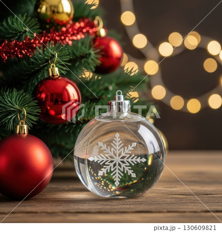 Festive christmas tree with red and glass ornaments in cozy holiday setting Festive christmas tree with red and glass ornaments in cozy holiday setting 130609821