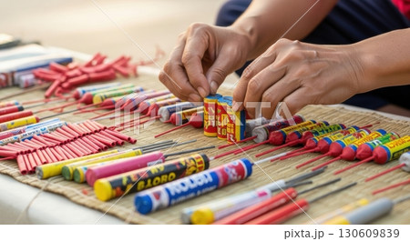 Hands arranging colorful fireworks display for celebration preparation outdoors 130609839