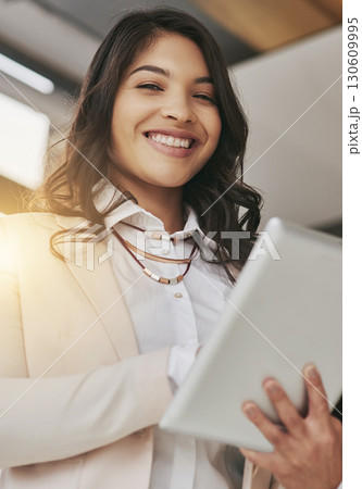 Business woman, tablet and portrait with smile in office for web design, seo and app for planning. Digital entrepreneur, mobile touchscreen ui and happy in workplace for goals, motivation and success Business woman, tablet and portrait with smile in office for web design, seo and app for planning. Digital entrepreneur, mobile touchscreen ui and happy in workplace for goals, motivation and success 130609995