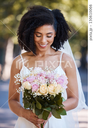 Happy, wedding and smile with black woman and flowers for beauty, celebration and spring event. Smile, makeup and fashion with bride and rose bouquet for marriage, party and outdoor ceremony Happy, wedding and smile with black woman and flowers for beauty, celebration and spring event. Smile, makeup and fashion with bride and rose bouquet for marriage, party and outdoor ceremony 130610066