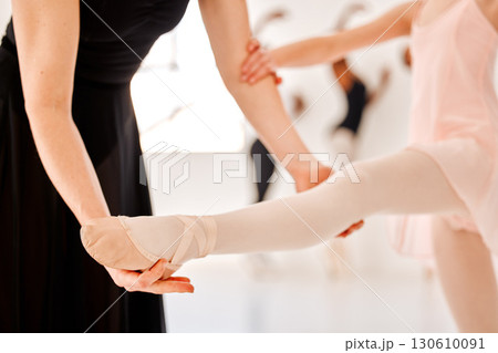 Closeup, ballet and coach with girl, support and training for flexibility, motivation and performance in classroom. Zoom, female ballerina and dancer with trainer, mentor and routine for development 130610091