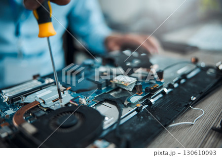 Screwdriver, motherboard circuit or Information technology man fixing laptop hardware, electronics or semiconductor. CPU system maintenance, service industry or IT worker repair microchip in tech lab Screwdriver, motherboard circuit or Information technology man fixing laptop hardware, electronics or semiconductor. CPU system maintenance, service industry or IT worker repair microchip in tech lab 130610093