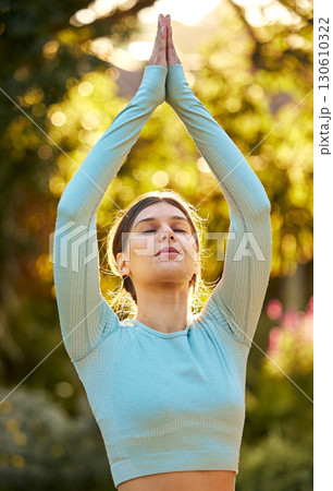 Yoga meditation peace, zen and woman meditate for spiritual mental health, chakra energy balance or soul aura healing. Nature park, freedom or pilates girl relax for mindfulness, mindset and wellness 130610322