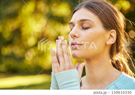 Yoga meditation, zen and face of woman meditate for spiritual mental health, chakra energy balance or soul aura healing. Nature mockup, freedom or pilates girl relax for mindfulness, mindset or peace Yoga meditation, zen and face of woman meditate for spiritual mental health, chakra energy balance or soul aura healing. Nature mockup, freedom or pilates girl relax for mindfulness, mindset or peace 130610330