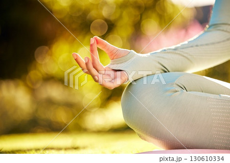 Yoga meditation, peace and hands of woman meditate for spiritual mental health, chakra energy balance or soul aura healing. Nature yogi, freedom or pilates girl relax for mindfulness, mindset and zen 130610334