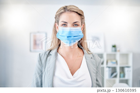 Woman, office portrait and mask for covid 19, safety and health to stop spread in workplace. Corporate leader, manager and wellness in workspace with blurred background, ppe and self care for virus Woman, office portrait and mask for covid 19, safety and health to stop spread in workplace. Corporate leader, manager and wellness in workspace with blurred background, ppe and self care for virus 130610395