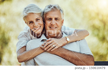 Old couple hug in park, love and marriage portrait, retirement together with commitment and outdoor. Mature man, elderly woman and care with trust and support, nature and happiness in relationship Old couple hug in park, love and marriage portrait, retirement together with commitment and outdoor. Mature man, elderly woman and care with trust and support, nature and happiness in relationship 130610479