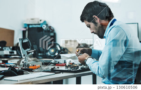 Information technology, motherboard hardware circuit and man repair computer, electronics or semiconductor. CPU system maintenance, service industry profile and IT worker fixing microchip in tech lab Information technology, motherboard hardware circuit and man repair computer, electronics or semiconductor. CPU system maintenance, service industry profile and IT worker fixing microchip in tech lab 130610506