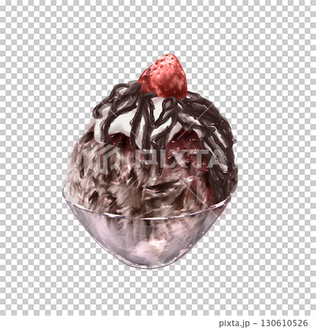 Chocolate sauce and strawberry shaved ice in a glass bowl 130610526