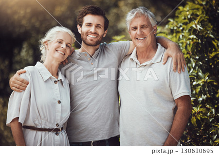 Happy family, portrait or bonding hug and senior parents, mother or father in nature park, home backyard or house garden. Smile, man or retirement elderly in embrace profile picture, love or support Happy family, portrait or bonding hug and senior parents, mother or father in nature park, home backyard or house garden. Smile, man or retirement elderly in embrace profile picture, love or support 130610695