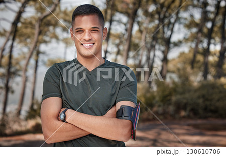Portrait, fitness and happy man running on mountains in nature, forest or environment for healthy workout. Sports person, guy and athlete smile in exercise at trees, woods or arms crossed in Colorado Portrait, fitness and happy man running on mountains in nature, forest or environment for healthy workout. Sports person, guy and athlete smile in exercise at trees, woods or arms crossed in Colorado 130610706