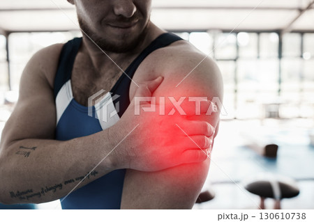 Shoulder pain, sport injury and man with fitness, muscle tension and hand, gymnast at gym and red overlay. Sports accident, medical emergency and person at gymnastics, competition and inflammation 130610738