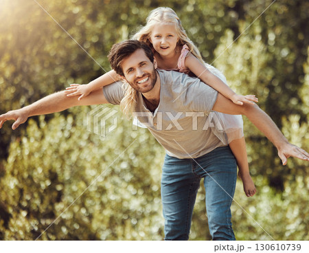 Family, portrait or piggy back in airplane game, nature park or home garden and house backyard, trust or support. Smile, happy or father carrying child in flying fun, energy or summer bonding freedom 130610739