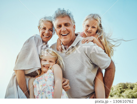 Portrait, children or senior piggy back in nature park bonding, home garden or house backyard in trust or support. Smile, happy or laughing grandparents carrying kids in low angle fun or summer break Portrait, children or senior piggy back in nature park bonding, home garden or house backyard in trust or support. Smile, happy or laughing grandparents carrying kids in low angle fun or summer break 130610762
