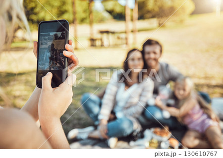 Hands, phone and family photo of photographer capturing moments together for summer vacation in a park. Hand of person taking a picture of happy mother, father and daughter in nature with smartphone Hands, phone and family photo of photographer capturing moments together for summer vacation in a park. Hand of person taking a picture of happy mother, father and daughter in nature with smartphone 130610767