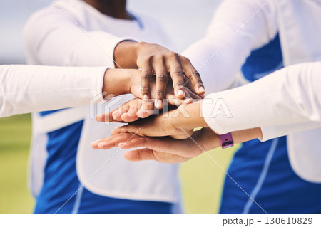 Sports, people and collaboration by team hands in support of motivation, partnership and huddle at a field. Sport, friends and hand of students connect for training, goal and match planning at court 130610829