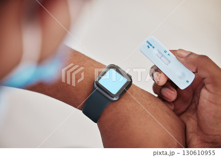 Healthcare, black man and hand with covid rapid test and smartwatch screen for advertising mockup. Corona pcr and results of person with medical exam kit at hospital or virus testing clinic zoom. 130610955