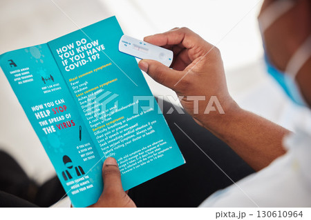 Black man, hands and covid test with brochure for information, insurance or sample at hospital. Hand of African American patient holding rapid test or pamphlet for healthcare instruction or diagnosis Black man, hands and covid test with brochure for information, insurance or sample at hospital. Hand of African American patient holding rapid test or pamphlet for healthcare instruction or diagnosis 130610964