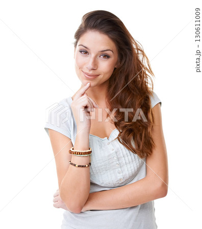 Thinking, beauty and woman with a smile portrait and idea in a studio with white background. Planning, happiness and isolated young person smiling with a solution and casual fashion feeling happy Thinking, beauty and woman with a smile portrait and idea in a studio with white background. Planning, happiness and isolated young person smiling with a solution and casual fashion feeling happy 130611009