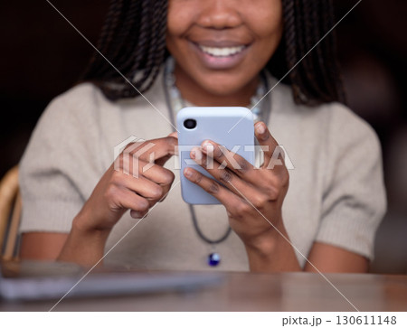 Closeup, black hands and smartphone for connection, typing and search website for information. Zoom, African American female and lady with cellphone, social media or networking with signal and smile Closeup, black hands and smartphone for connection, typing and search website for information. Zoom, African American female and lady with cellphone, social media or networking with signal and smile 130611148