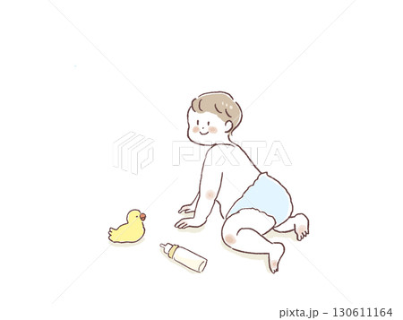 はいはいする赤ちゃん、おもちゃ、アヒル、哺乳瓶、 130611164