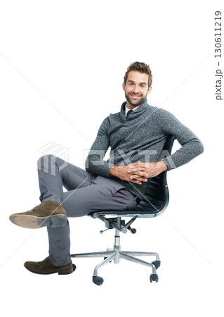 Portrait, chair and happy with a business man in studio isolated on a white background for marketing. Vision, mindset and corporate with a male employee sitting on blank space for advertising Portrait, chair and happy with a business man in studio isolated on a white background for marketing. Vision, mindset and corporate with a male employee sitting on blank space for advertising 130611219