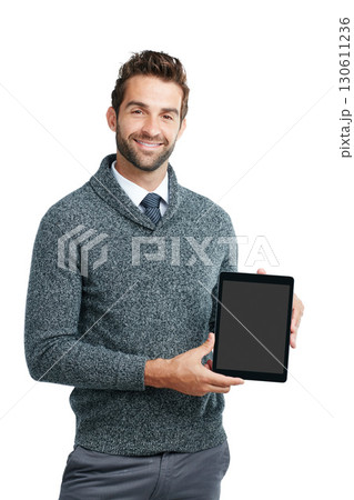 Smile, portrait or business man on tablet screen for internet research, social media or networking in white background. Tech or person on touchscreen for social network, blog review or media app 130611236