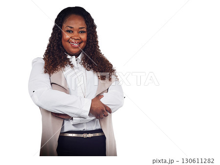 Black woman, portrait and business leader happy in studio with future vision against a white background. Face, business woman and small business owner smile, empowered and career goal or isolated 130611282
