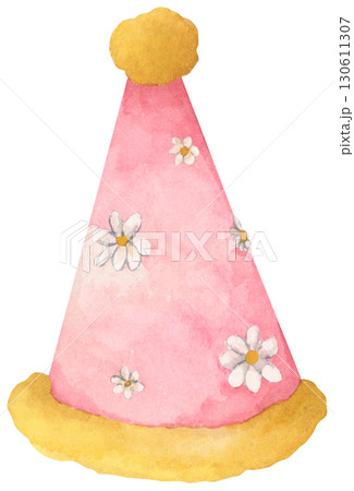 Watercolor Party Hat. Birthday and New Year Celebration Cone Hat Illustration 130611307