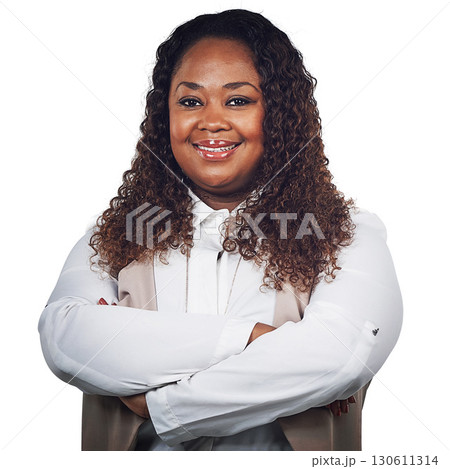 Portrait, black woman and happy, smile and confident, corporate and employee in studio on white background. Face, woman and proud leader excited about career mission and standing, posing and isolated 130611314