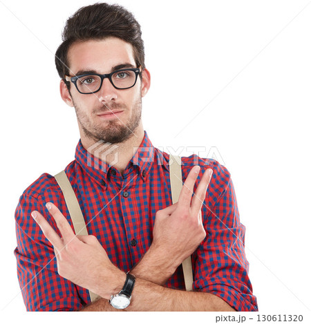 Nerd, portrait and man with sign for peace, calm and young person isolated on white studio background. Face, male hipster and gentlemen showing fingers, edgy and trendy with casual outfit and clothes Nerd, portrait and man with sign for peace, calm and young person isolated on white studio background. Face, male hipster and gentlemen showing fingers, edgy and trendy with casual outfit and clothes 130611320