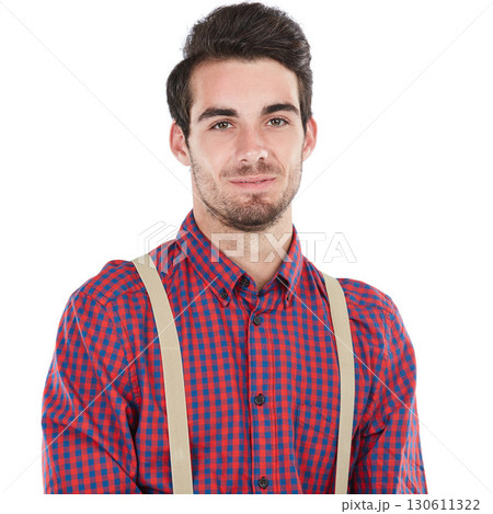 Smile, man and portrait of a nerd or geek with white background isolated and happy. Smiling, smart and nerdy style clothes of a man standing with happiness of a model feeling positive in plaid Smile, man and portrait of a nerd or geek with white background isolated and happy. Smiling, smart and nerdy style clothes of a man standing with happiness of a model feeling positive in plaid 130611322