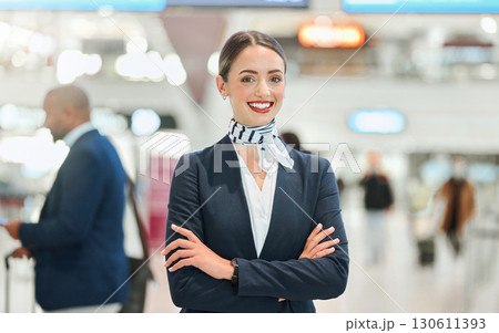 Airport, woman concierge and portrait with smile, arms crossed and vision for career in international travel. Customer service, transport service expert and happy for job with motivation at workplace Airport, woman concierge and portrait with smile, arms crossed and vision for career in international travel. Customer service, transport service expert and happy for job with motivation at workplace 130611393