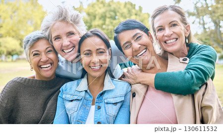 Nature, friends and portrait of group of women enjoying bonding, quality time and relax in retirement together. Diversity, friendship and faces of happy females with smile, hugging and wellness Nature, friends and portrait of group of women enjoying bonding, quality time and relax in retirement together. Diversity, friendship and faces of happy females with smile, hugging and wellness 130611532