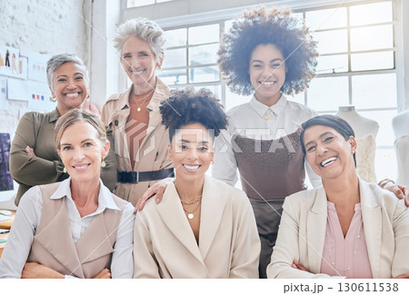 Women team, designer portrait and fashion meeting of a marketing group happy about teamwork. Ecommerce, business solidarity and diversity of people with a smile and happiness from collaboration 130611538