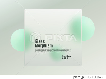 Modern glassmorphism landing page design with frosted transparent panel and mint green 3D spheres on a light gradient background, vector illustration 130611627
