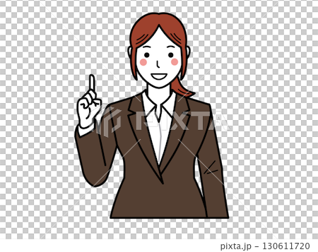 茶色のスーツ。ナンバー1ポーズをする女性。その2 茶色のスーツ。ナンバー1ポーズをする女性。その2 130611720