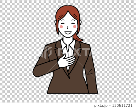 茶色のスーツ。お任せくださいと胸に手を当てる女性。その2 茶色のスーツ。お任せくださいと胸に手を当てる女性。その2 130611721
