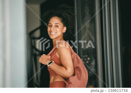 Fitness, backpack and portrait of black woman in gym for workout, exercise and health. Training, wellness and sports with girl athlete and bag for cardio, endurance and stamina goal lifestyle 130611738