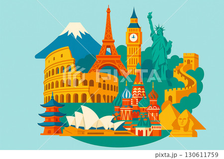 世界のランドマークを集めたカラフルなイラスト 130611759