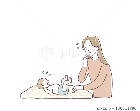 赤ちゃんのおむつを変える女性、びっくり、お母さん、寝かしつける、子育て、 赤ちゃんのおむつを変える女性、びっくり、お母さん、寝かしつける、子育て、 130611796