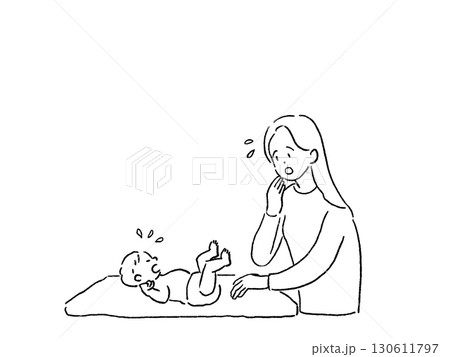 赤ちゃんのおむつを変える女性、びっくり、お母さん、寝かしつける、子育て、線画 赤ちゃんのおむつを変える女性、びっくり、お母さん、寝かしつける、子育て、線画 130611797