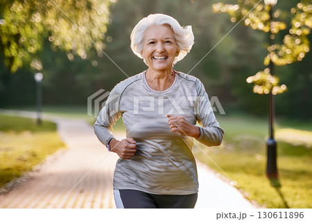 笑顔で公園でランニングしているおばあちゃん 笑顔で公園でランニングしているおばあちゃん 130611896