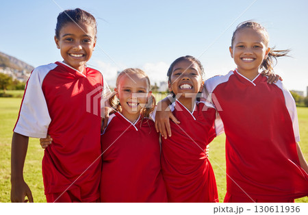 Girl, soccer group portrait and field with smile, team building happiness and solidarity for sport training. Female kids, sports diversity and happy with friends, teamwork and learning in football Girl, soccer group portrait and field with smile, team building happiness and solidarity for sport training. Female kids, sports diversity and happy with friends, teamwork and learning in football 130611936
