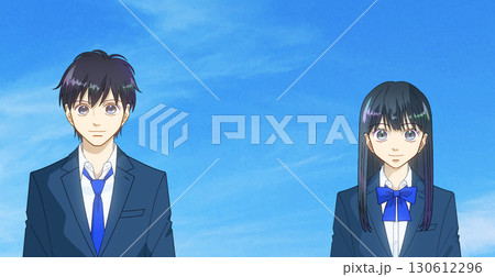 広がる青空、高校生または中学生の男女のアニメ風イラスト 130612296